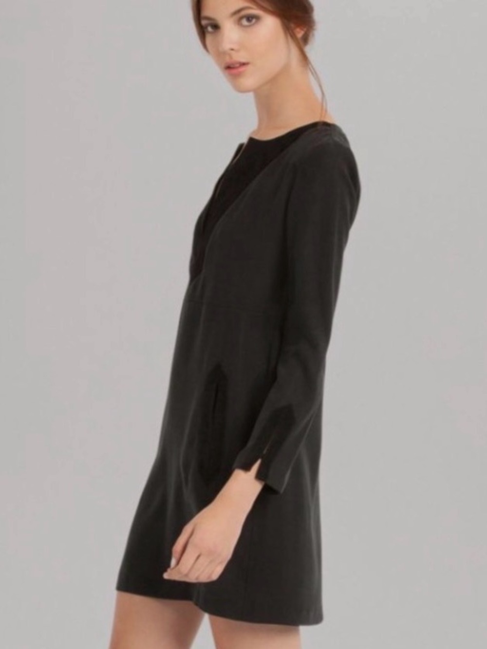 Maje Cupro Black Long-Sleeve V-Neck Mini Dress